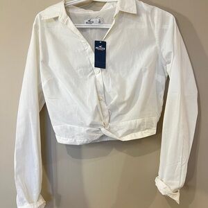 Hollister White Cropped Button-Up Blouse